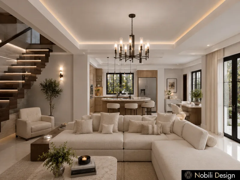 Modern living room with cream sectional, floating oak staircase, black chandelier and kitchen beyond