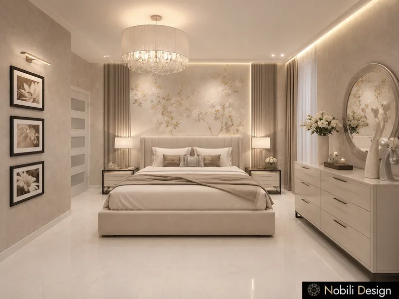 Modern bedroom with floral headboard wall, crystal drum chandelier, ivory dresser and round mirror