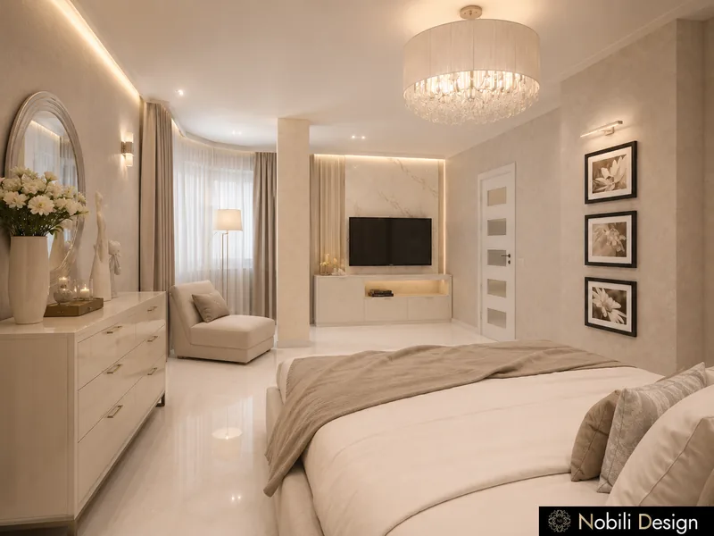 Modern bedroom in ivory with a round mirror, framed prints, crystal chandelier and TV wall