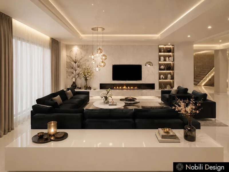 Ivory and black living room with fireplace wall, glass pendant lights and a floating staircase
