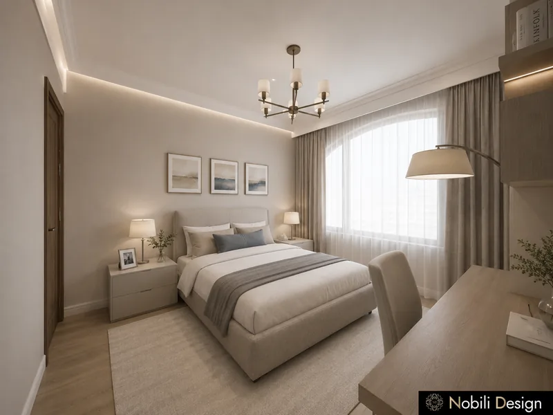 Modern bedroom with beige upholstered bed, study desk by the window and a brass chandelier