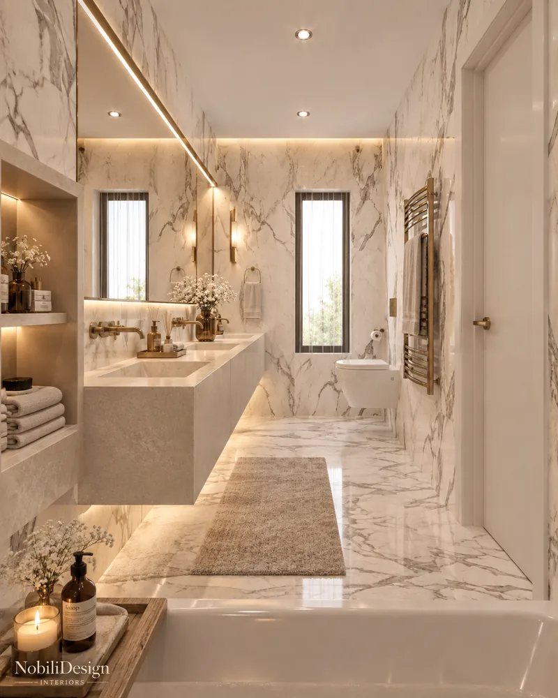 En-suite bathroom with floating stone double vanity, white marble walls, narrow windows and wall-hung WC