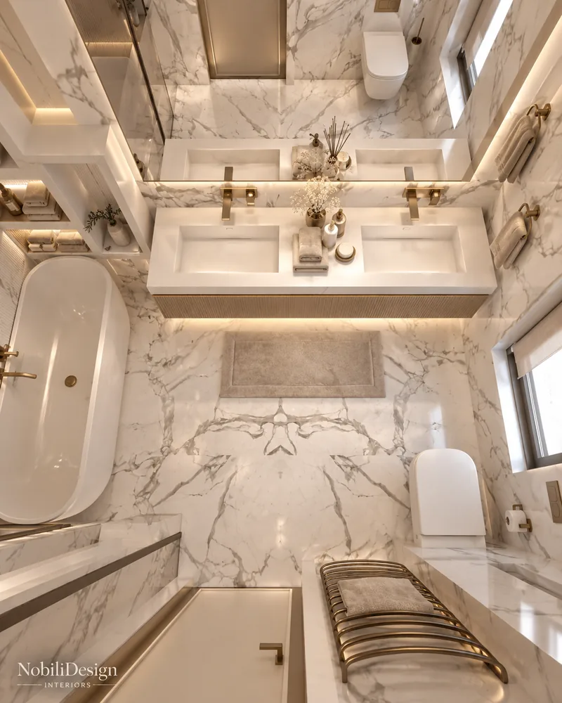 En-suite bathroom seen from above, double basin vanity on fluted wood, freestanding tub and veined marble