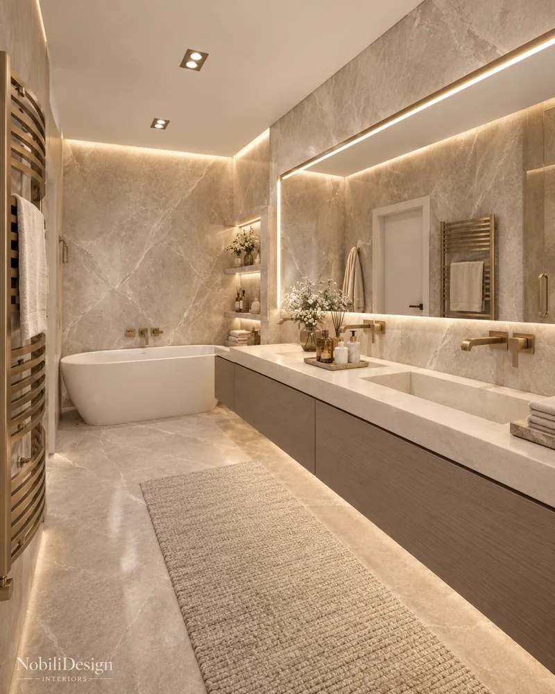 En-suite bathroom in warm grey stone with freestanding bathtub, double vanity, backlit mirror and woven runner