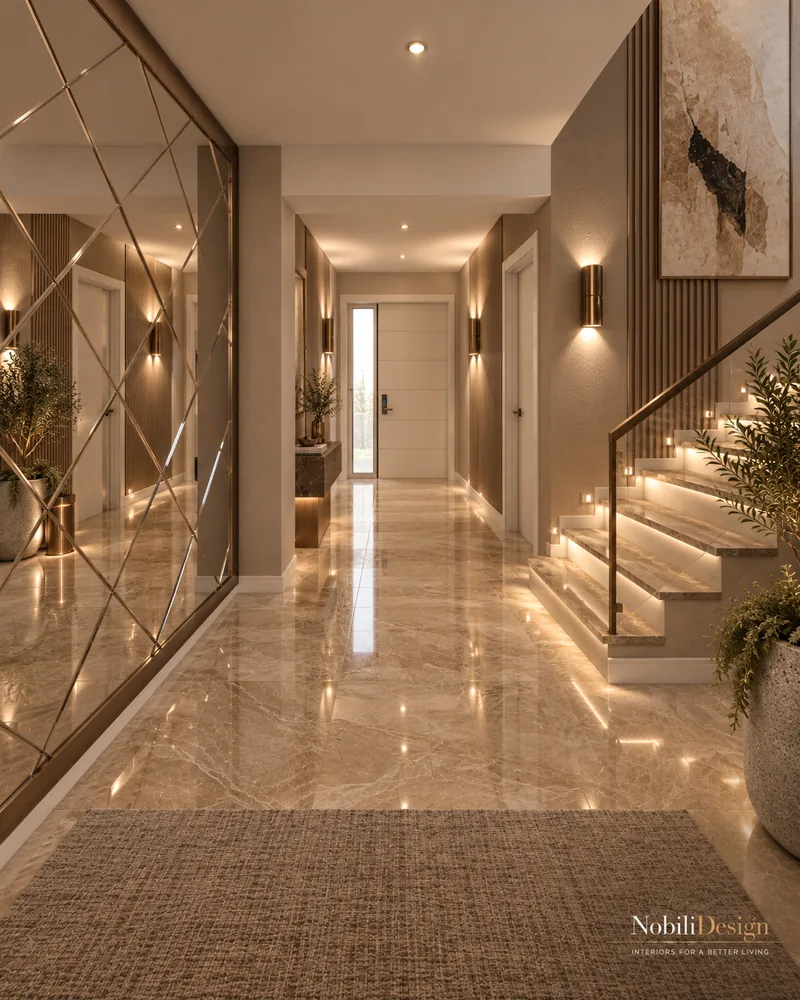 Entrance hall with mirrored grid wall, polished marble floor, LED-lit staircase and bronze cylinder sconces