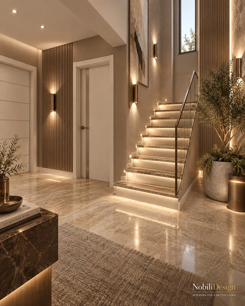 Entrance hall with LED-lit marble stairs, glass balustrade, olive tree in stone planter and fluted wood panel