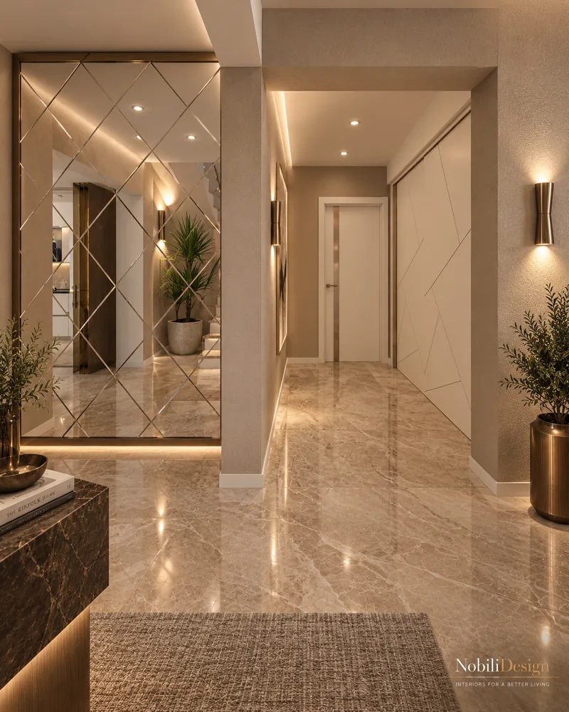 Entrance hall with bronze-framed diamond mirror wall, marble floor, white geometric panel wardrobe and sconces