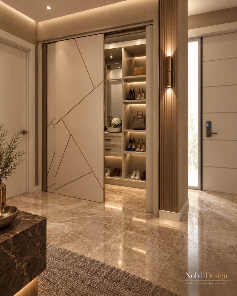 Entrance hall with geometric sliding door opening onto a lit shoe and bag closet beside a fluted wood pilaster