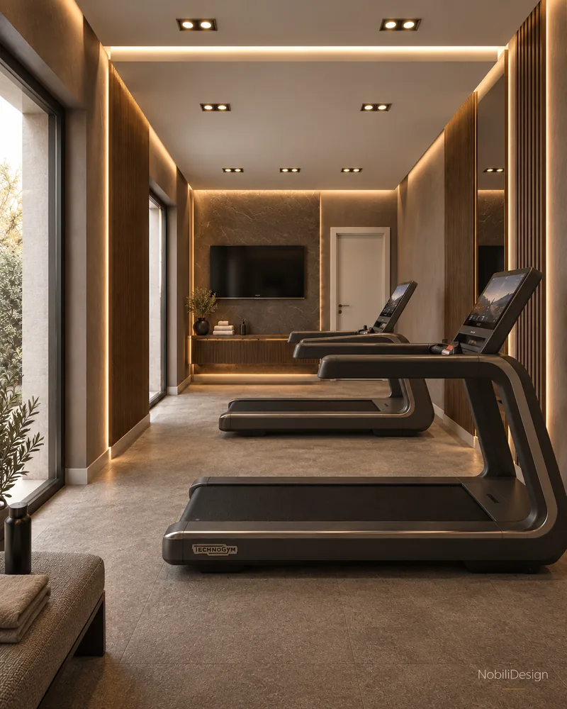 Fitness room with two treadmills, stone-effect floor, walnut slat panels, wall TV and full-height window