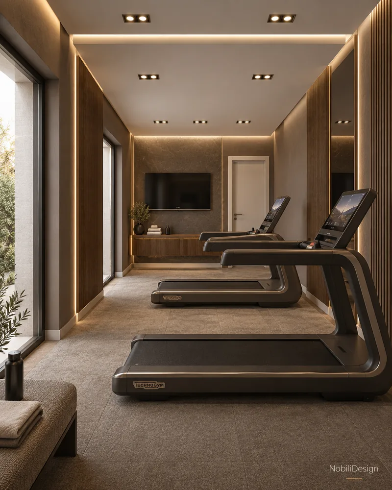 Fitness room with treadmills facing a stone feature wall with TV, LED-lit coves and full-height glazing