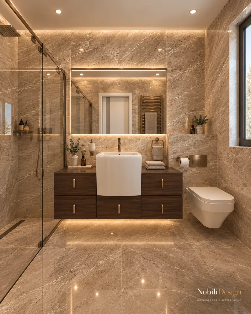 Ground-floor bathroom with walnut vanity, semi-recessed white basin, backlit mirror and glass shower screen
