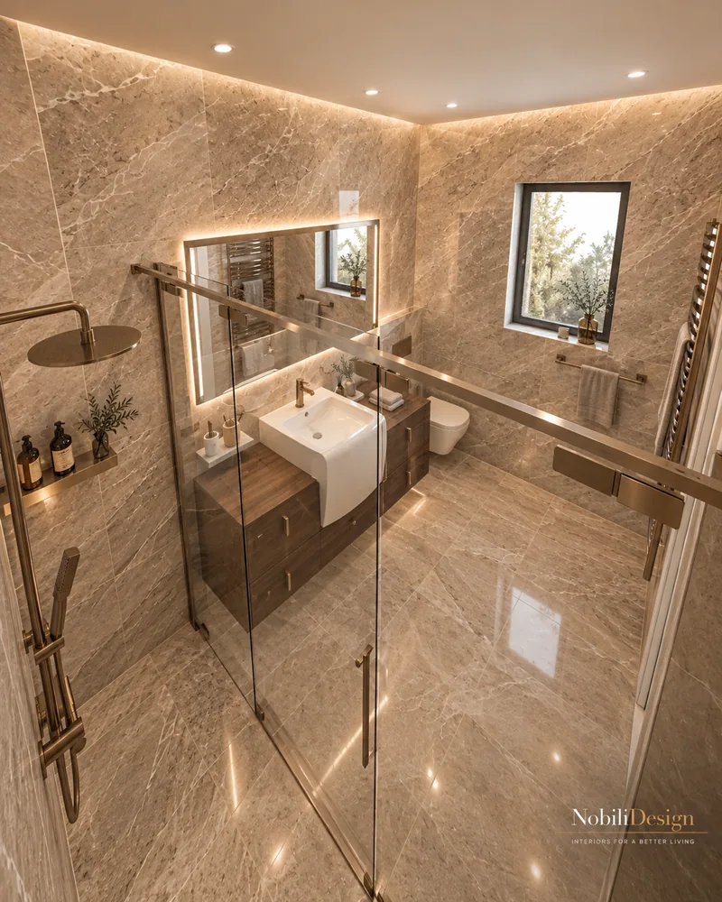 Ground-floor bathroom with walk-in shower, brushed brass fittings, walnut vanity and taupe stone-effect tiles