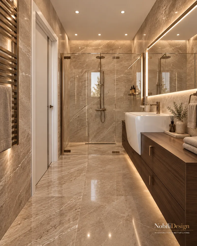 Ground-floor bathroom with glass walk-in shower, wall-hung walnut vanity, backlit mirror and stone-effect tiles
