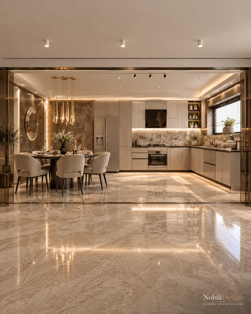 Modern kitchen and dining area with a round pedestal table and cascading glass pendant, luxury interiors