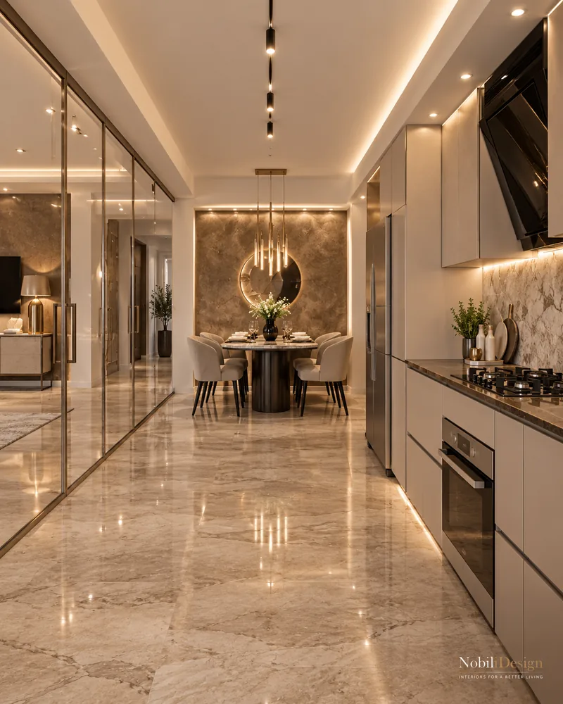 Kitchen with taupe lacquer cabinets, marble backsplash, angled black hood and round dining table beyond