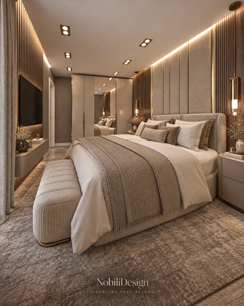 Guest bedroom with upholstered panel headboard wall, walnut slats, glass pendant lights and curved bedside tables