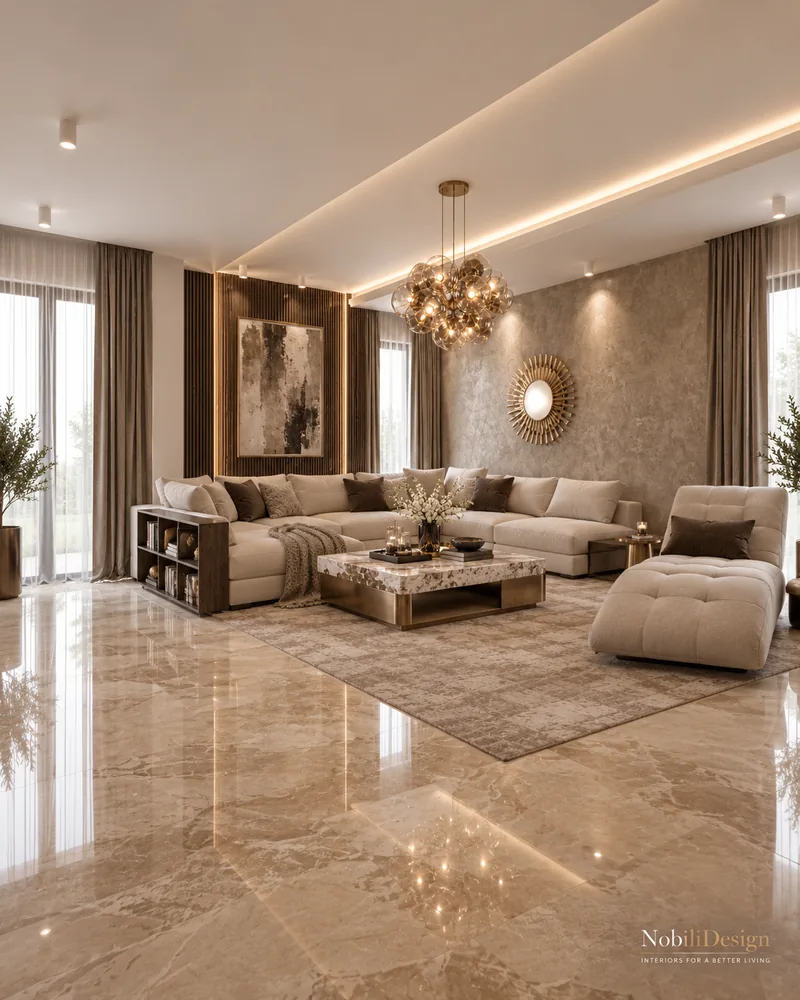 Living room with wide cream sectional, tufted chaise, fluted walnut panel with art and full-height windows