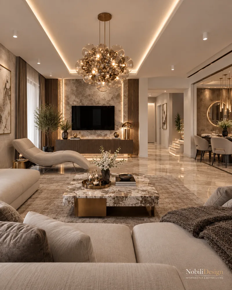 Living room with stone-effect TV wall between fluted panels, curved chaise and view to stairs and dining