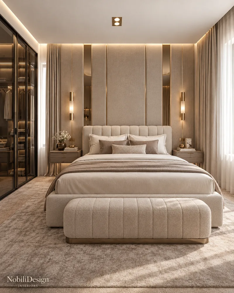 Master bedroom with upholstered wall panels and bronze mirror strips, modern designer furniture for the suite