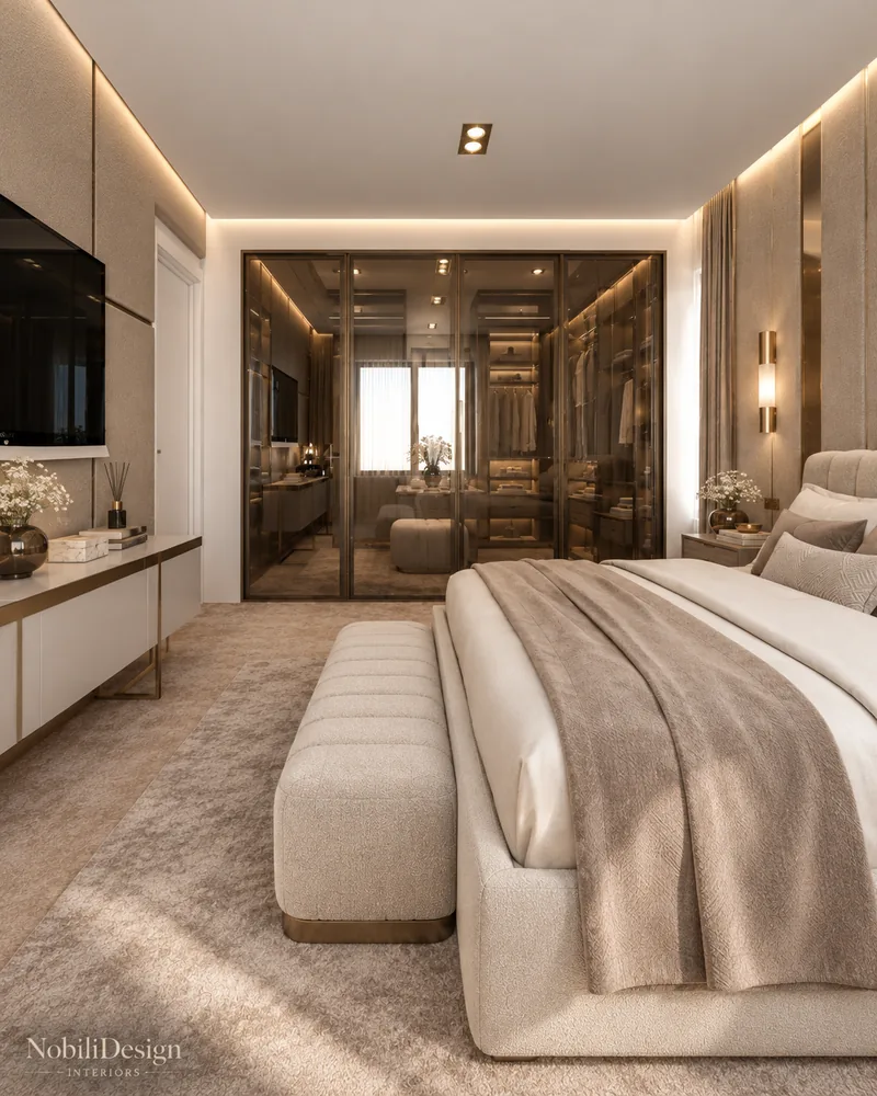 Master bedroom with smoked glass sliding doors to the walk-in closet, boucle bench and white lacquer console