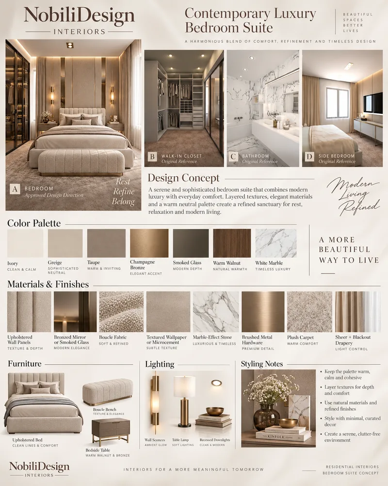 Master suite concept board with upholstered bed, closet and marble bathroom references and material swatches