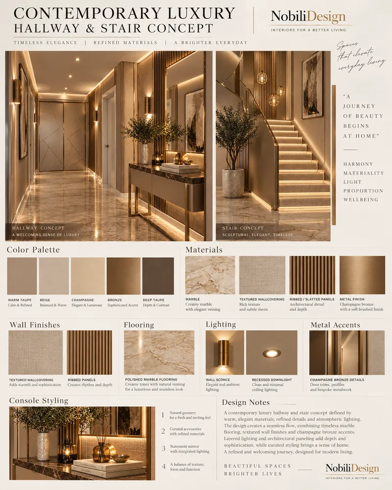 Hallway and staircase concept board with marble, ribbed panel, textured wallcovering and bronze finish samples