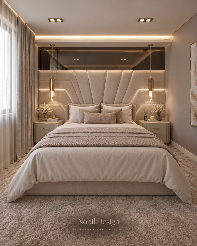 Guest bedroom with fan-shaped tufted headboard wall, smoked mirror band, brass pendant lights and cream carpet