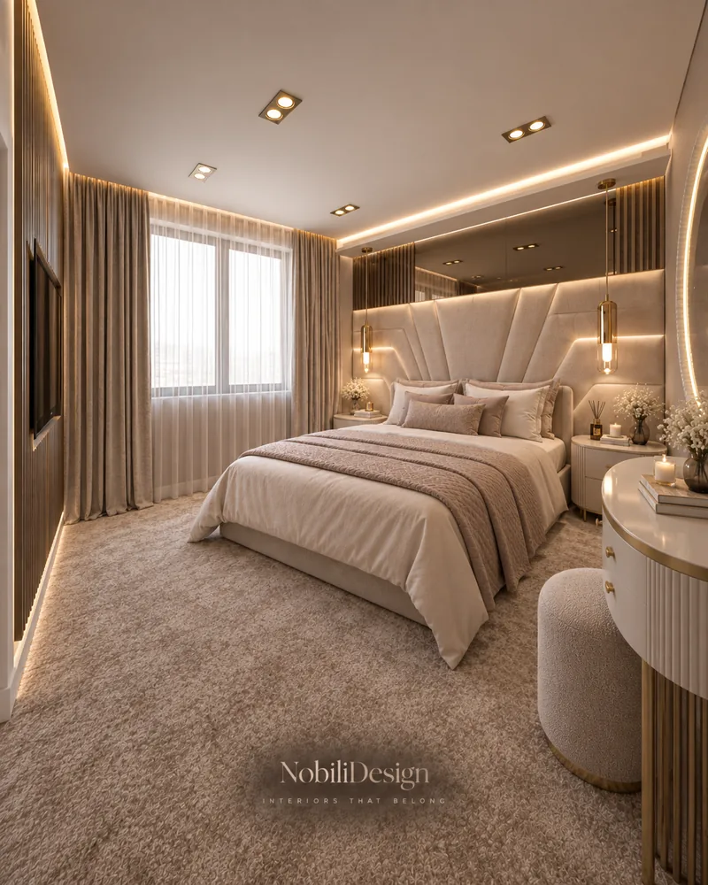 Guest bedroom with curved cream vanity table, boucle stool, round backlit mirror and fluted walnut TV wall