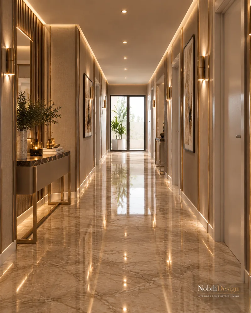 Upper hallway with polished marble floor, textured wallcovering, bronze sconces and marble-top console