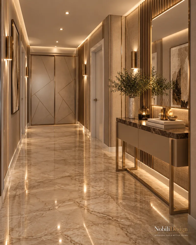 Upper hallway with geometric inlaid double doors, dark marble console, backlit mirror and fluted wood panel