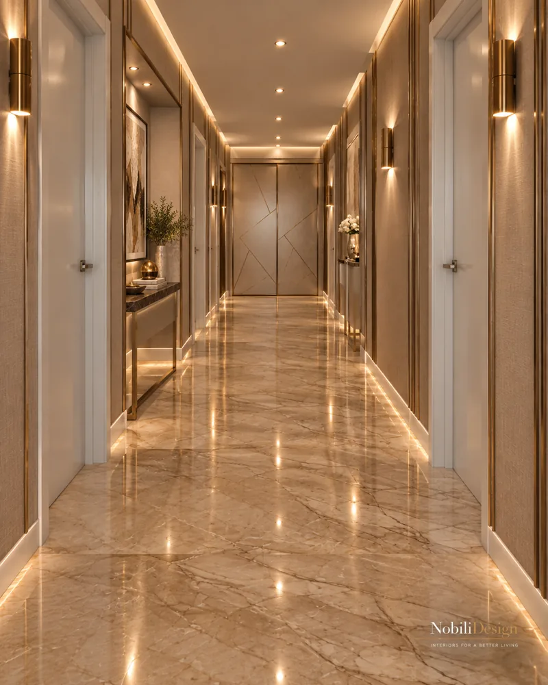 Upper hallway with paired bronze wall lights, white doors, brass trim strips and glossy beige marble floor
