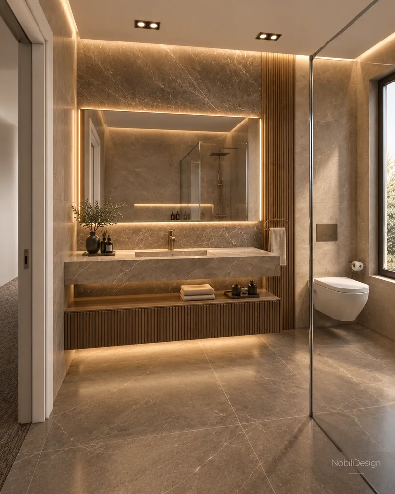Bathroom with taupe stone-effect tiles, floating stone vanity on fluted walnut base, backlit mirror and wall-hung WC