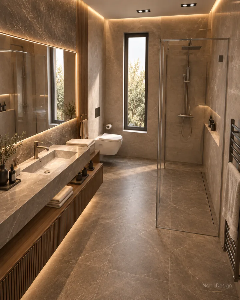 Bathroom with frameless walk-in shower, long stone washbasin on fluted walnut unit, tall window and black towel rail