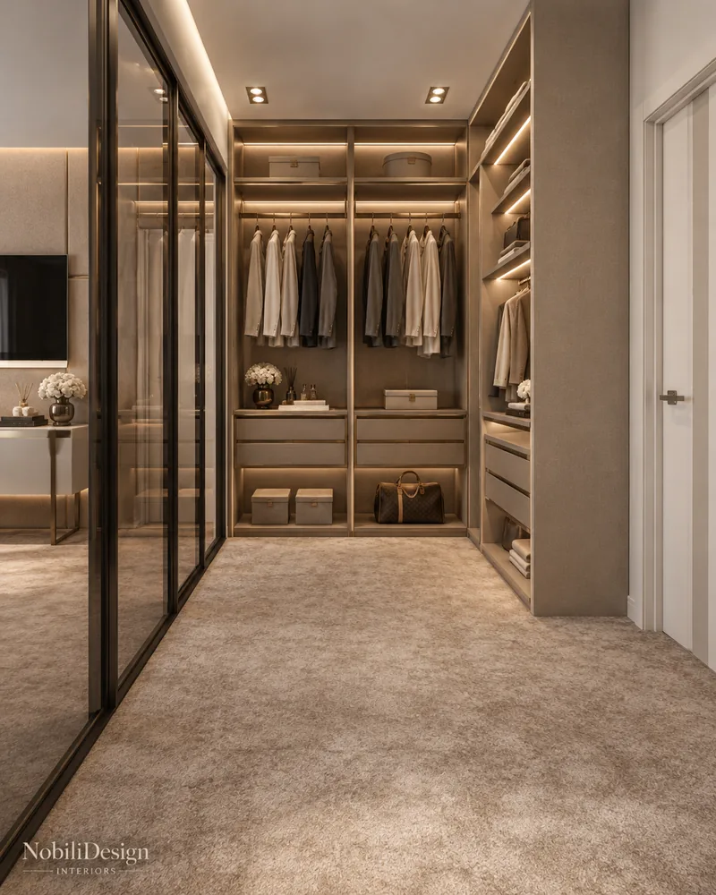 Walk-in closet with lit hanging rails, drawers, carpet floor and black-framed glass partition to the bedroom