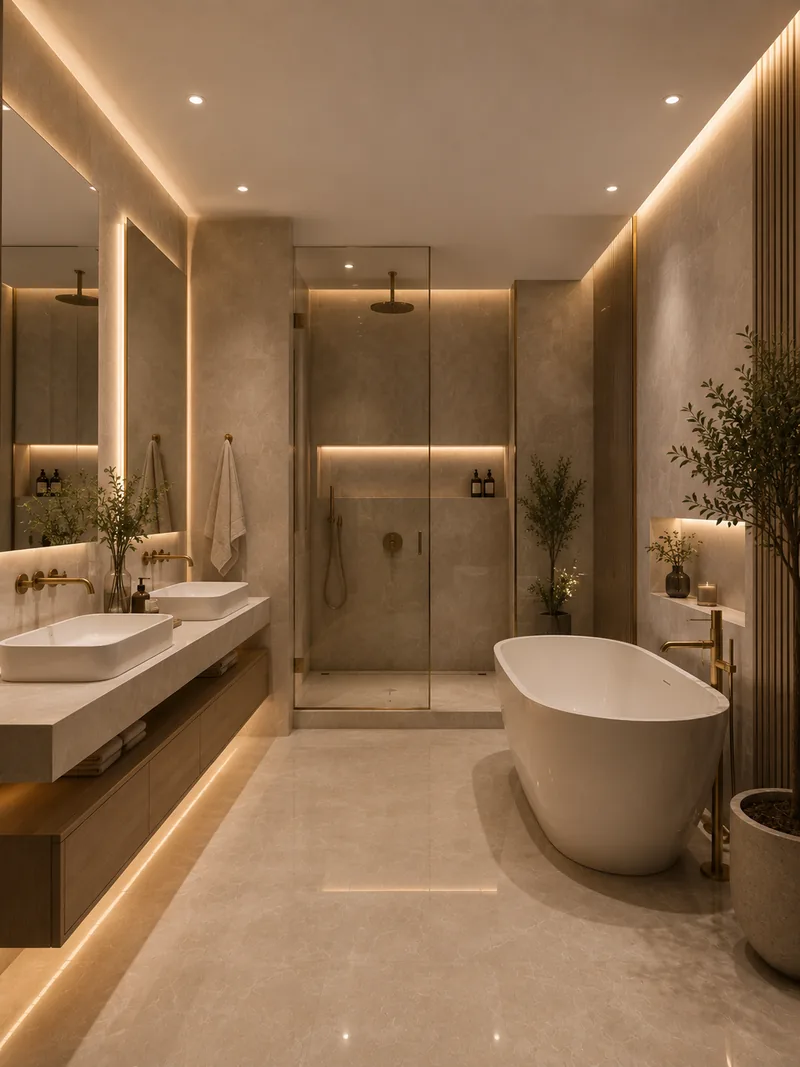 Modern bathroom in beige stone with freestanding bathtub, floating vanity and lit walk-in shower