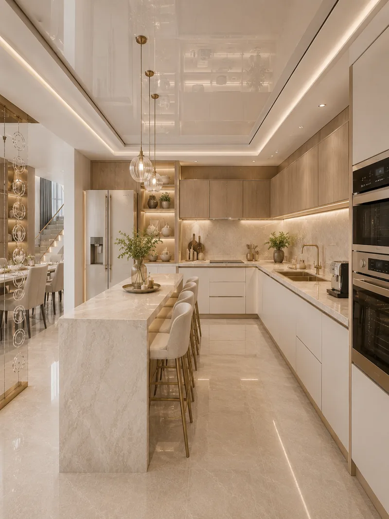Modern kitchen with white cabinets, beige marble island, bar stools and glass pendant lights