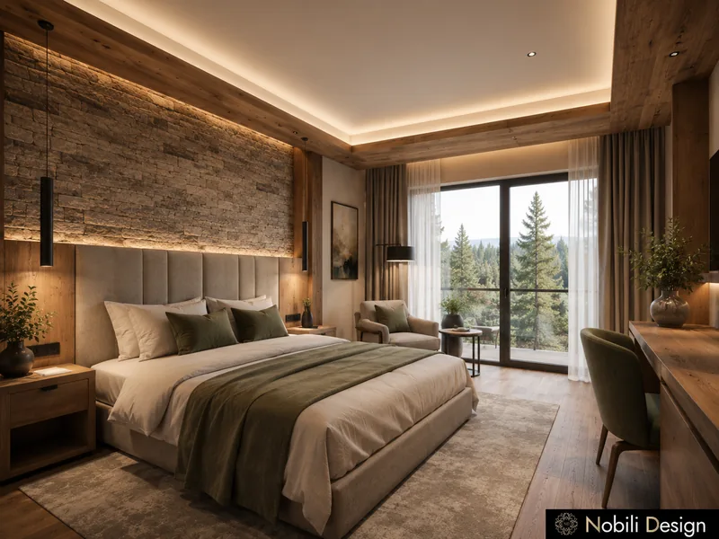 Mountain hotel room with stone headboard wall, oak bed, green throw, armchair and a balcony door to the forest