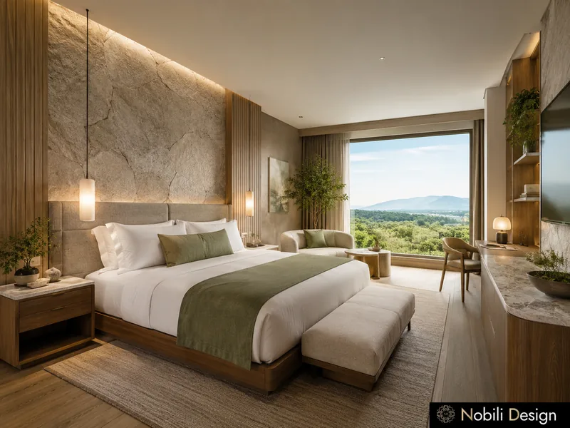 Mountain hotel room with stone feature wall, green throw, bench and a wide window over the valley