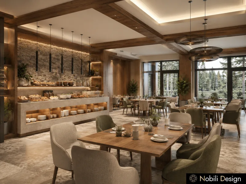 Mountain hotel restaurant with timber ceiling, stone wall, buffet counter, oak tables and windows to the pines