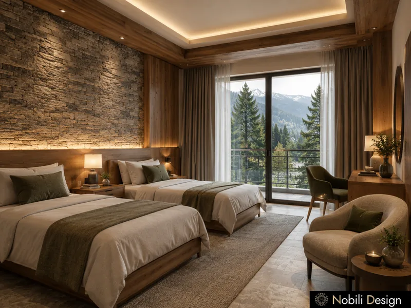 Mountain hotel twin room with stone wall, timber ceiling, two beds with green throws and a forest view