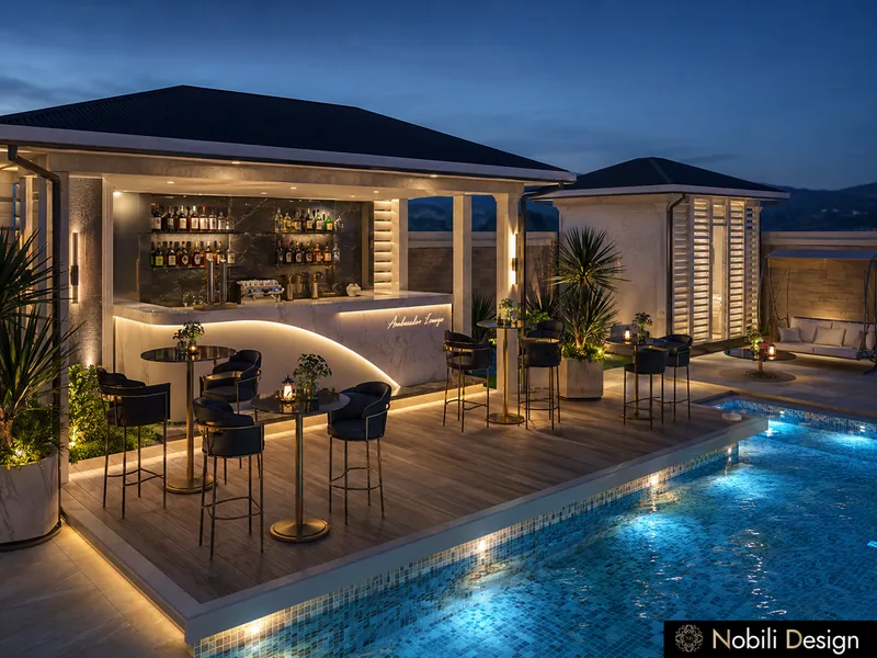 Wedding venue exterior design with a pool bar, curved counter and high tables on a wood deck