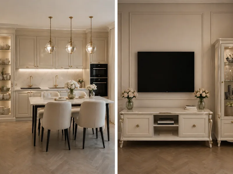 New classic kitchen with cream cabinets, lit glass display units, white dining table and glass pendants