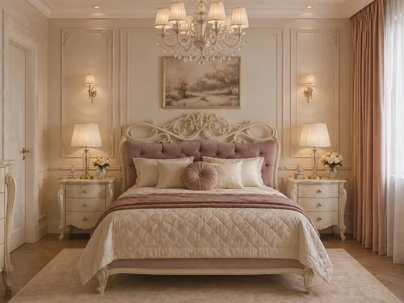 New classic master bedroom with carved ivory Avenanti bed, blush tufted headboard and crystal chandelier