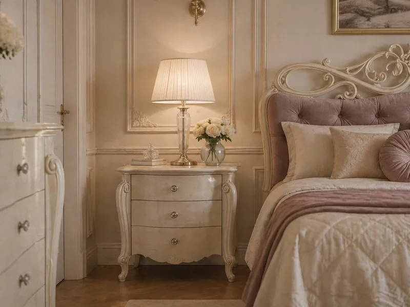 Ivory Avenanti bedside table with carved legs beside a blush tufted bed and a glass table lamp