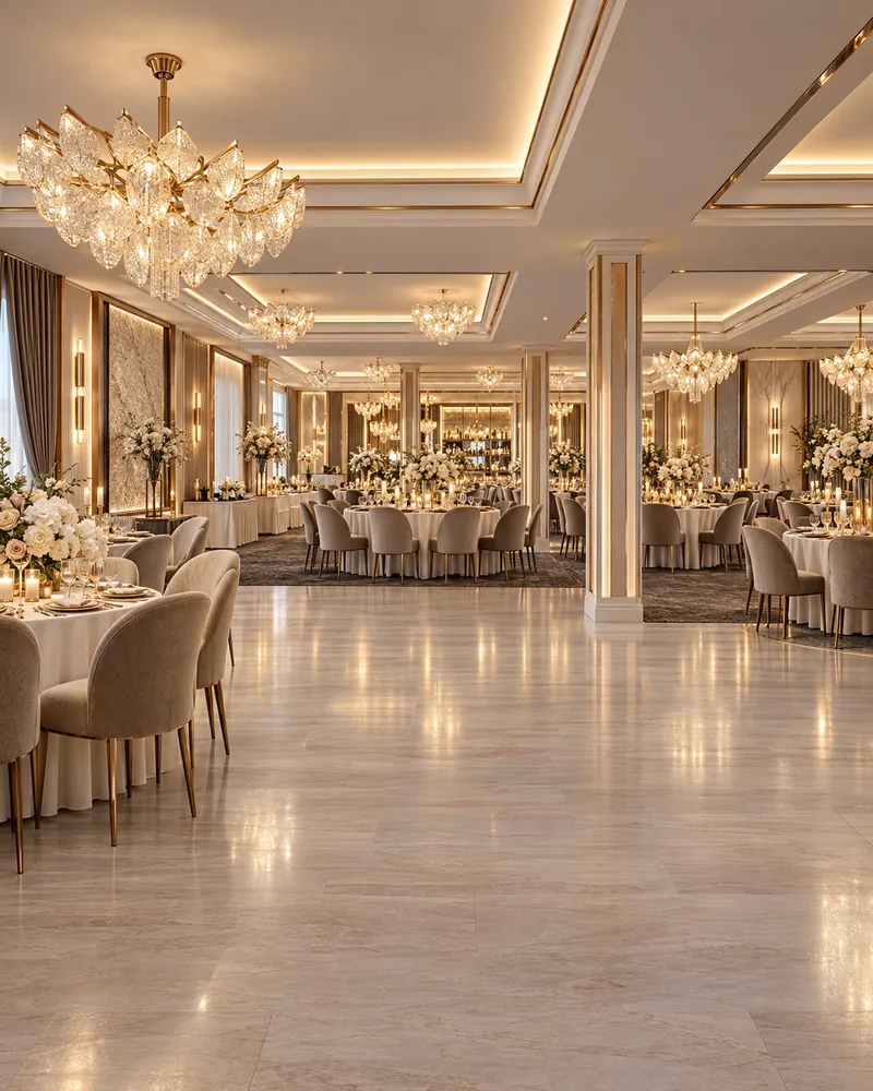 Ballroom with polished stone floor, columns with brass trim, coffered ceiling, crystal chandeliers and dressed round tables