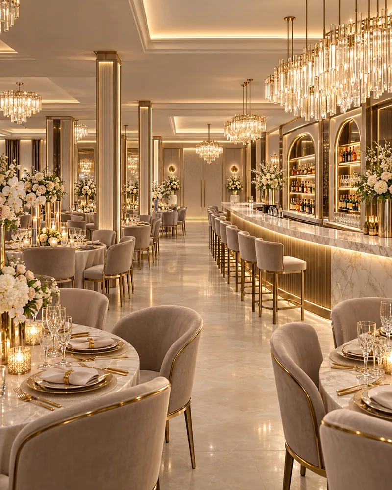 Bar with long curved marble counter, LED-lit fluted front, arched backlit shelving, cream stools and crystal chandelier