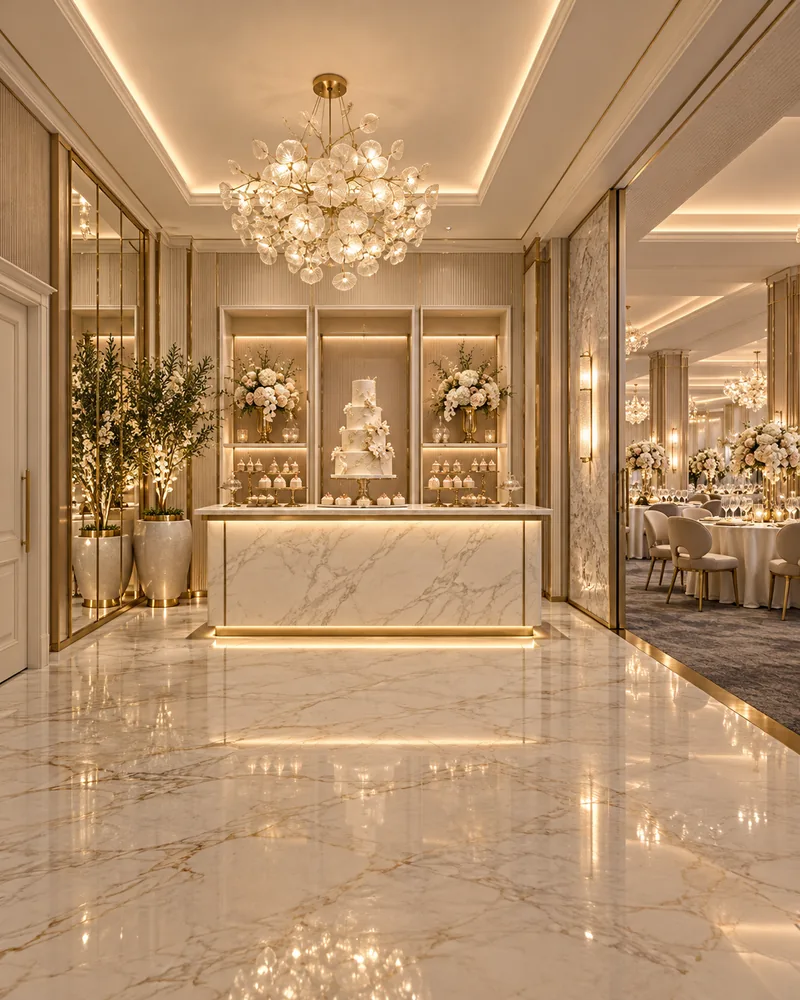 Foyer cake display with marble counter, lit niche shelving holding a tiered cake and desserts, beside the ballroom entrance