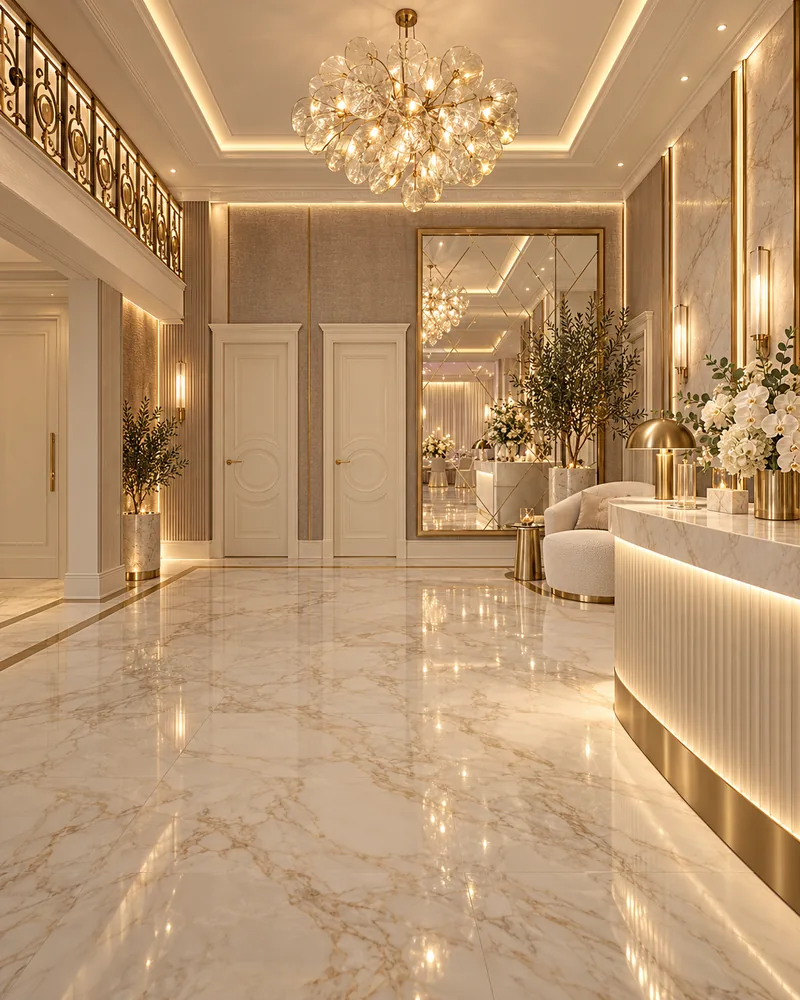 Reception and cloakroom with curved fluted counter, marble top, bubble glass chandelier, framed mirror and panelled doors