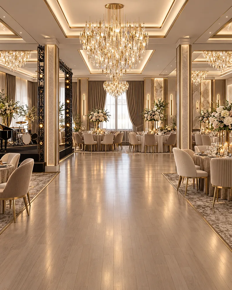 Ballroom dance floor in pale wood flooring between banquet tables, with a truss stage, grand piano and drum kit at the side