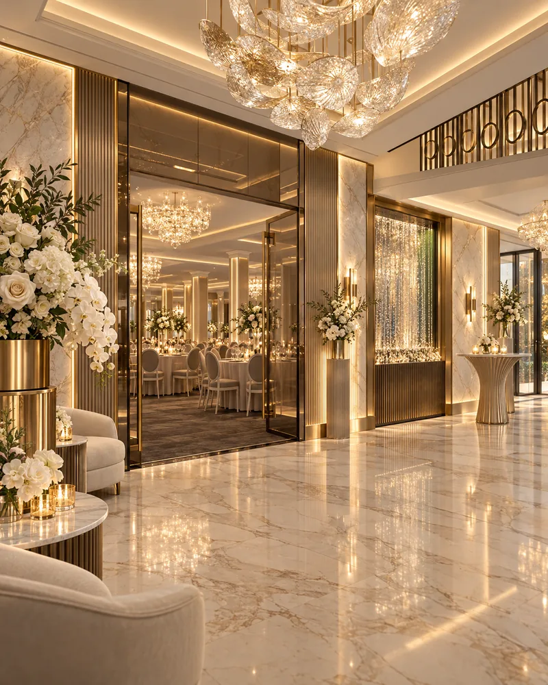 Lobby entrance with glass doors into the ballroom, petal glass chandelier, crystal curtain wall and fluted brass pilasters